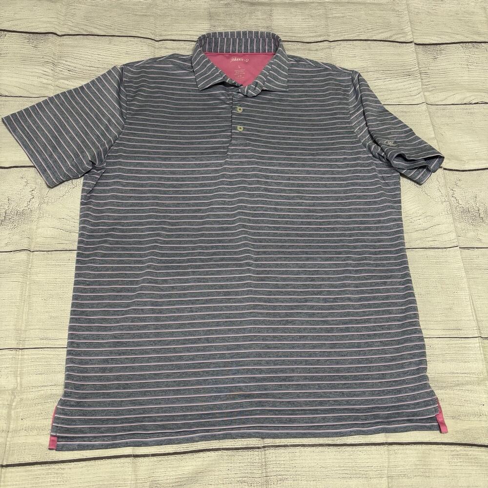 Johnnie O Performance Jett Mens Size Large Polo Shirt Stripe Golf Gray Blue Pink